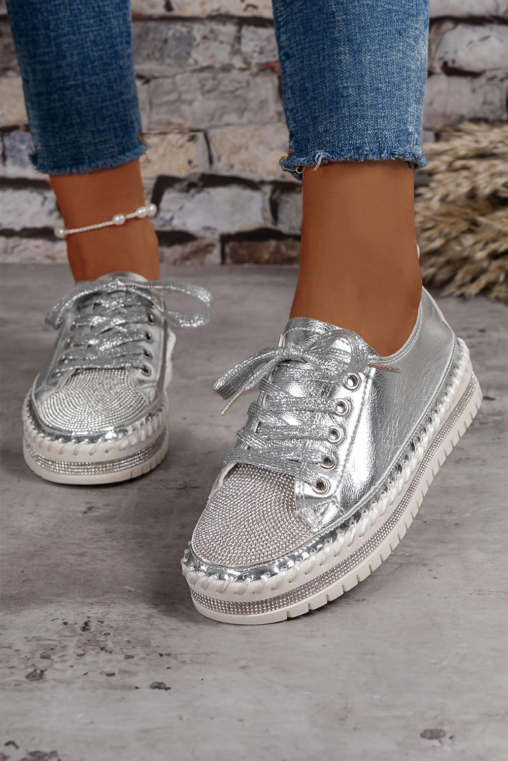 Silvery Rhinestone Metallic Sheen Lace-up Flat Shoes Women's Shoes JT's Designer Fashion