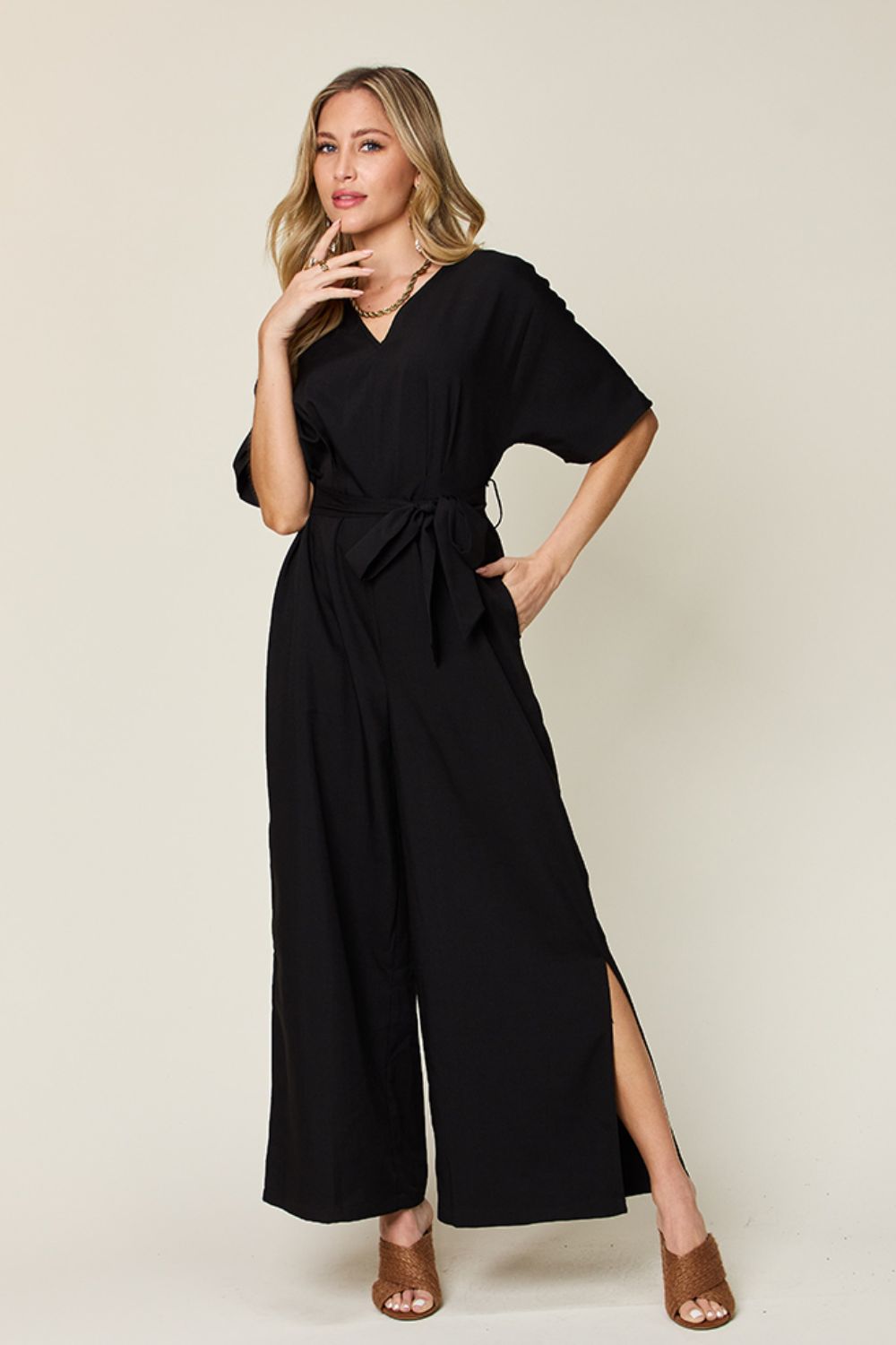 Double Take Full Size V-Neck Tied Side Slit Jumpsuit Jumpsuits & Rompers JT's Designer Fashion