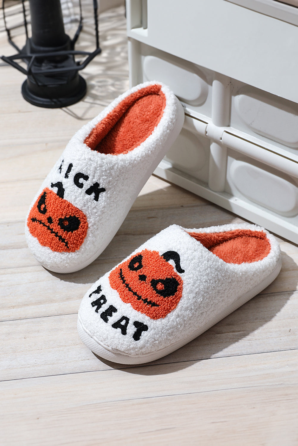 White Halloween Pumpkin Trick Or Treat Plush Slippers Slippers JT's Designer Fashion