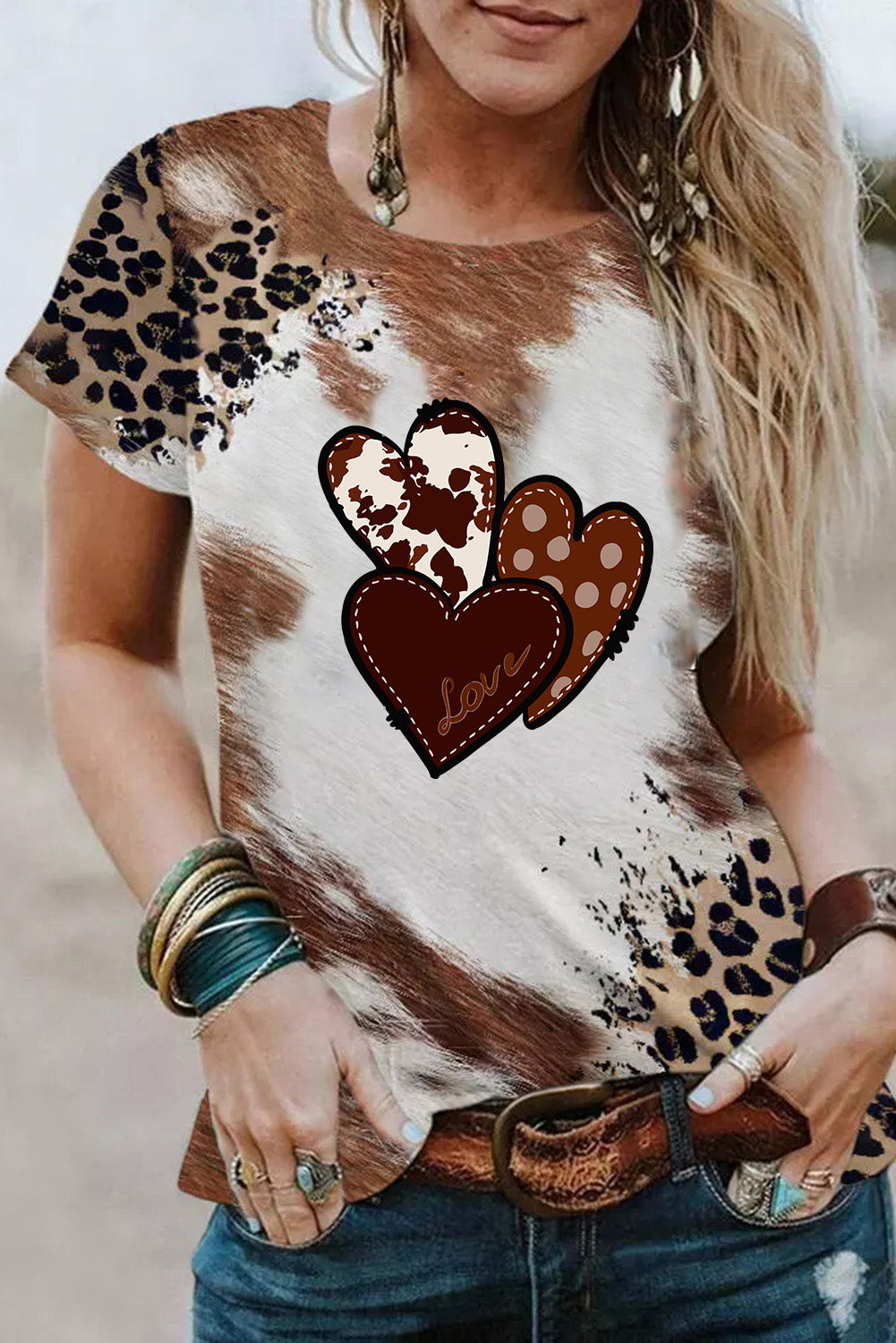 Chestnut Western Heart Shaped Leopard Print Crew Neck T Shirt Graphic Tees JT's Designer Fashion