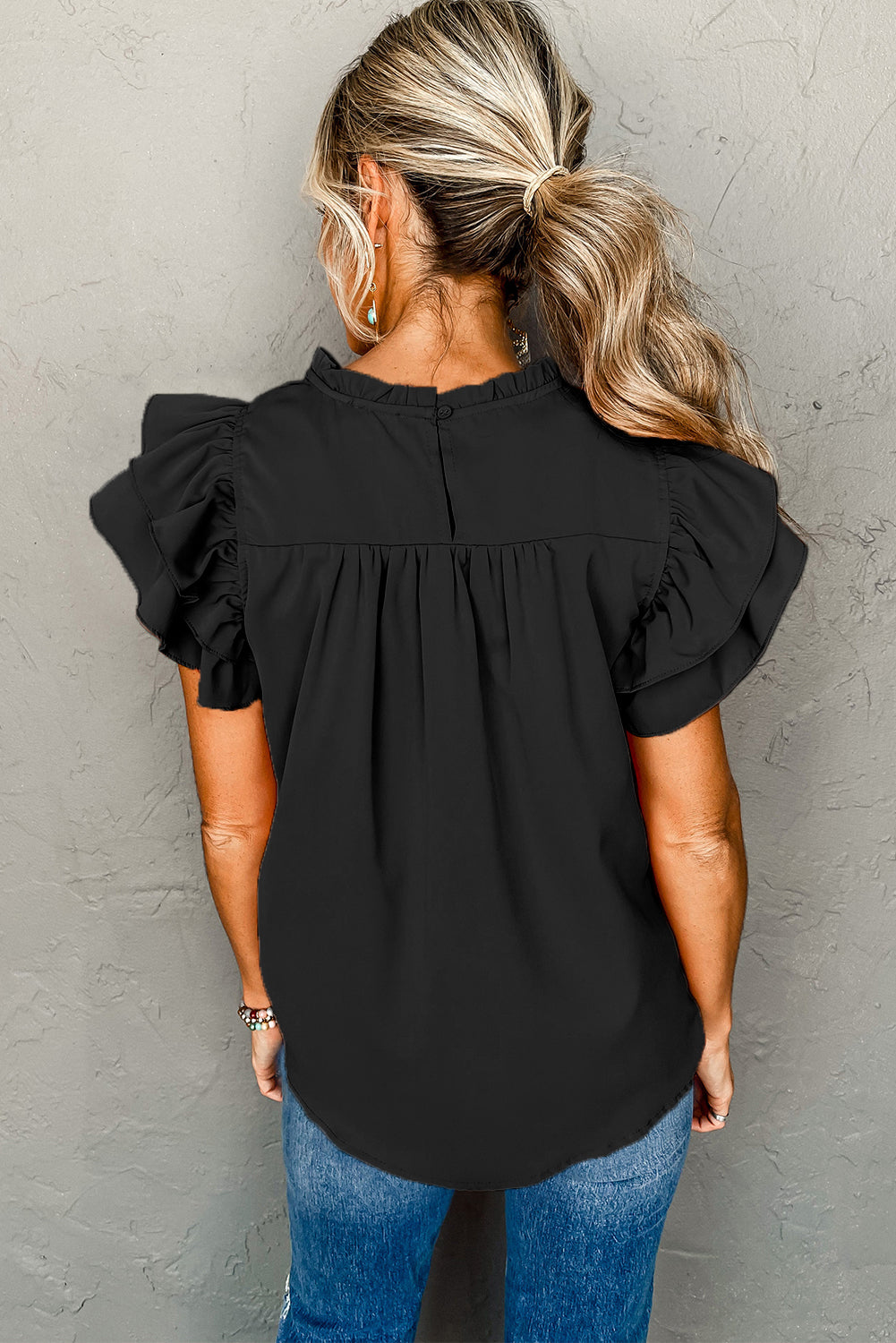 Black Smocked Ruffle Sleeve Blouse Tops & Tees JT's Designer Fashion