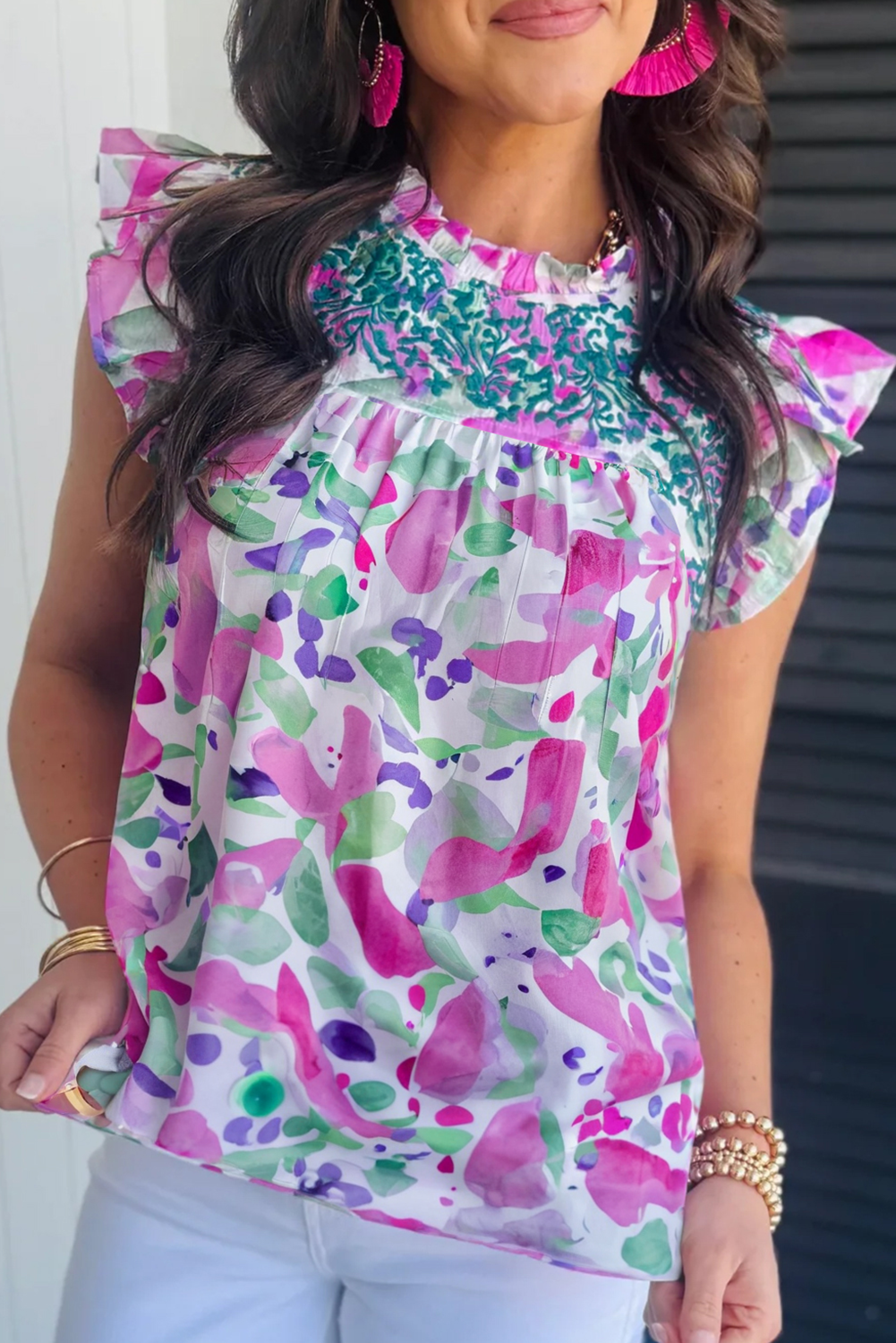 Purple Abstract Print Floral Embroidered Ruffled Short Sleeve Frilled Neck Blouse Pre Order Tops JT's Designer Fashion