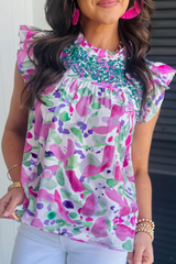 Purple Abstract Print Floral Embroidered Ruffled Short Sleeve Frilled Neck Blouse Pre Order Tops JT's Designer Fashion