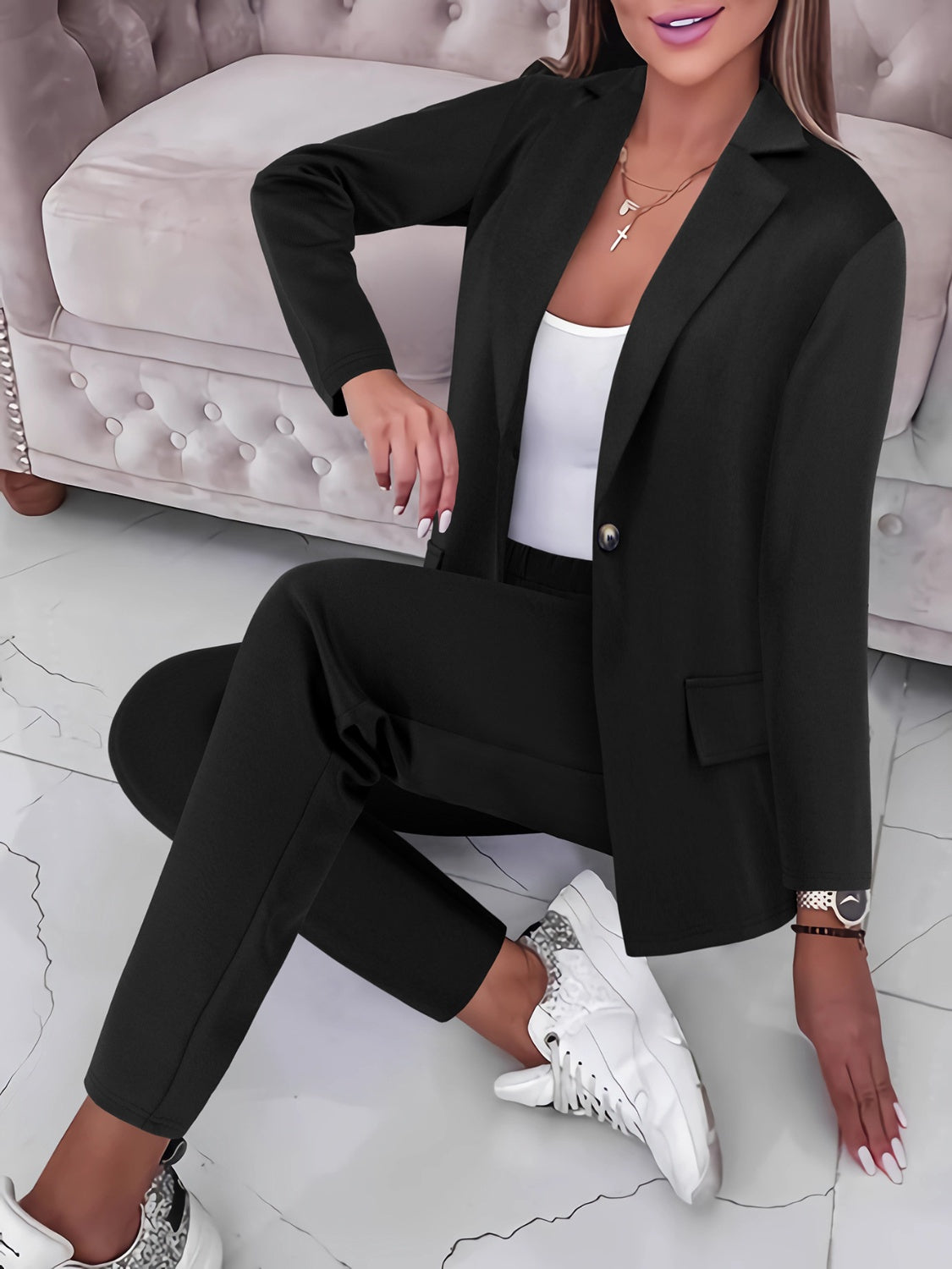 Lapel Collar Long Sleeve Top and Pants Set Black Pants Sets JT's Designer Fashion