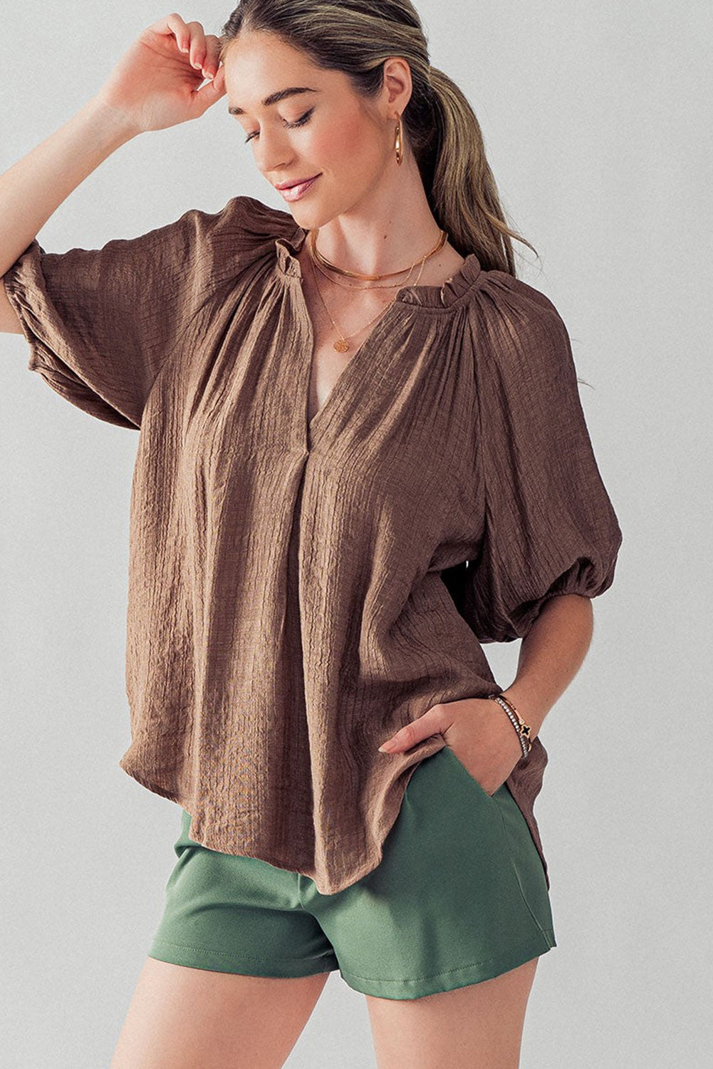 Chicory Coffee Frill Split Neck Puff Sleeve Crinkle Blouse Tops & Tees JT's Designer Fashion