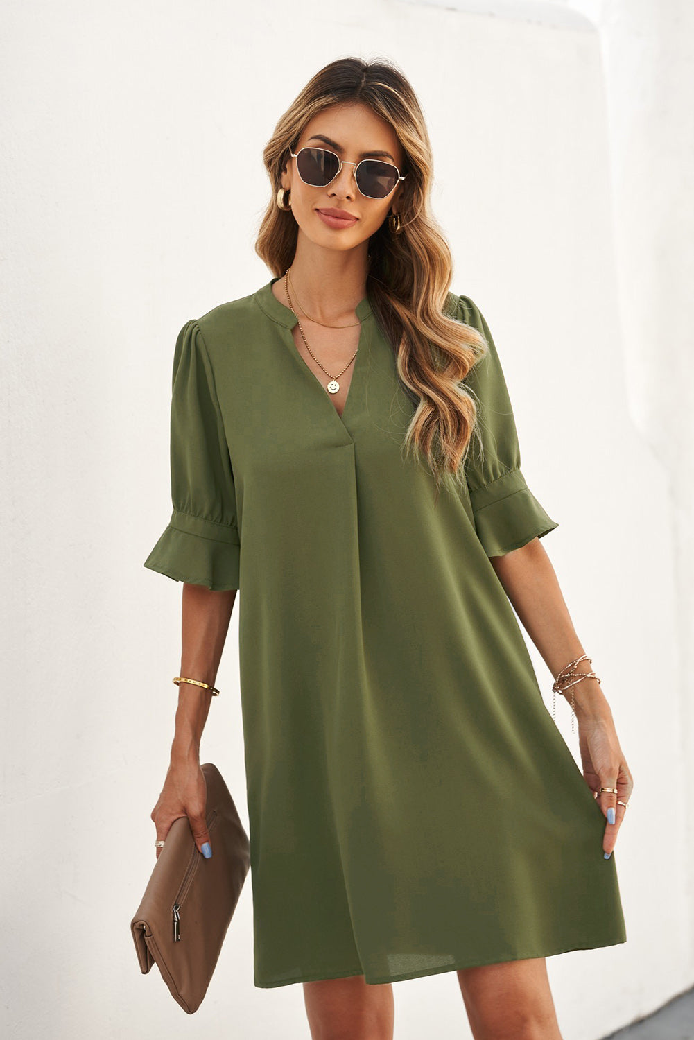 Green Ruffled Sleeve Shift Dress Mini Dresses JT's Designer Fashion