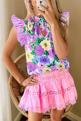 Purple Floral Mock Neck Striped Flutter Sleeve Blouse Pre Order Tops JT's Designer Fashion