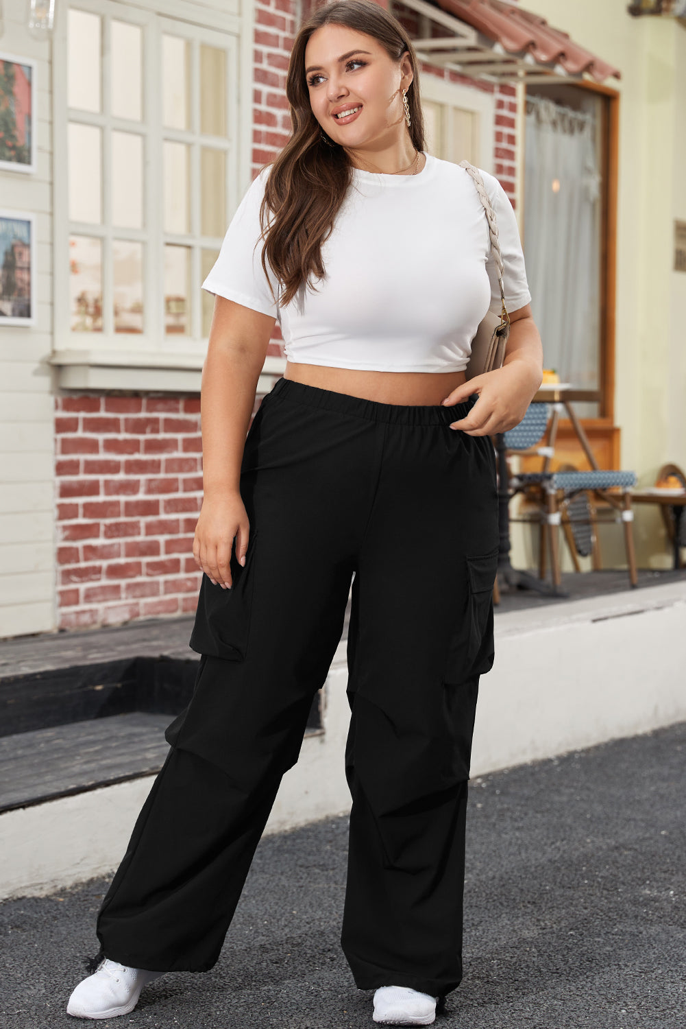 Black Plus Size Flap Pocket Elastic Waist Cargo Pants Plus Size Bottoms JT's Designer Fashion