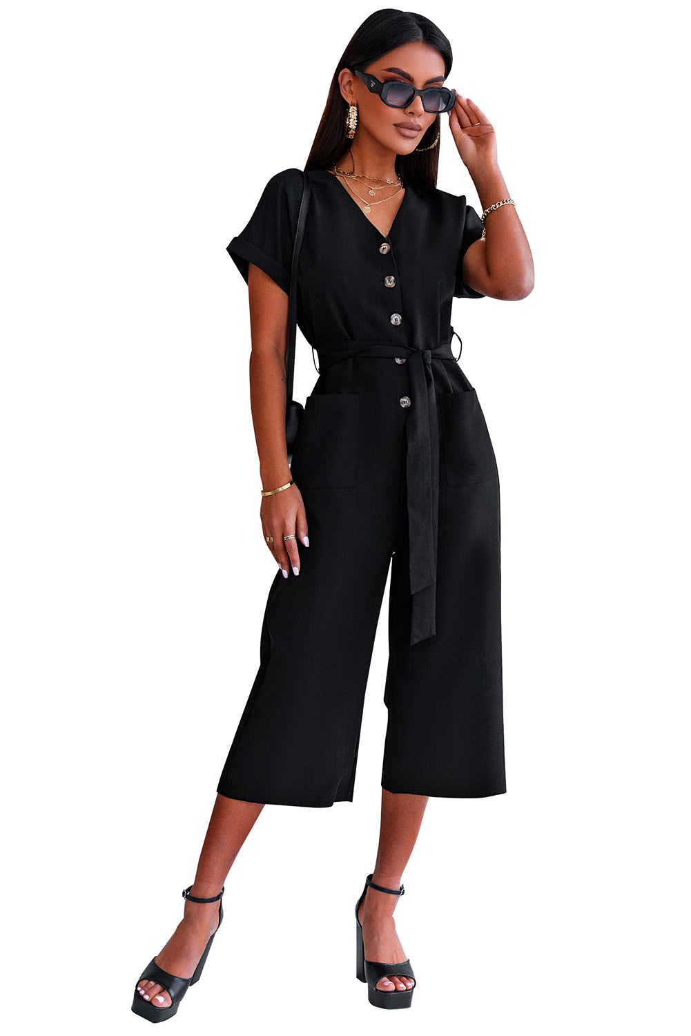 Black V Neck Pocketed Jumpsuit Jumpsuits & Rompers JT's Designer Fashion