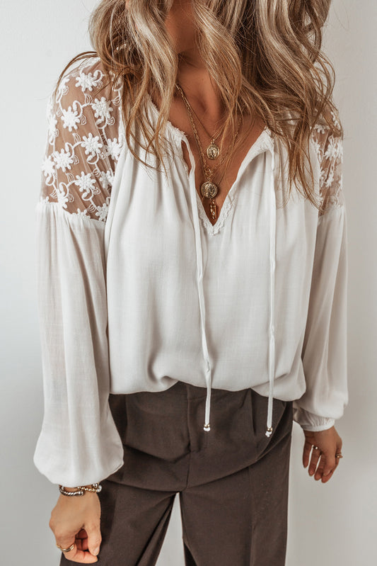 White Floral Lace Patchwork Puff Sleeve Tied V Neck Blouse Blouses & Shirts JT's Designer Fashion