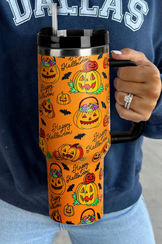 Orange Halloween Pumpkin Print Handle Large Tumbler 40oz Tumblers JT's Designer Fashion