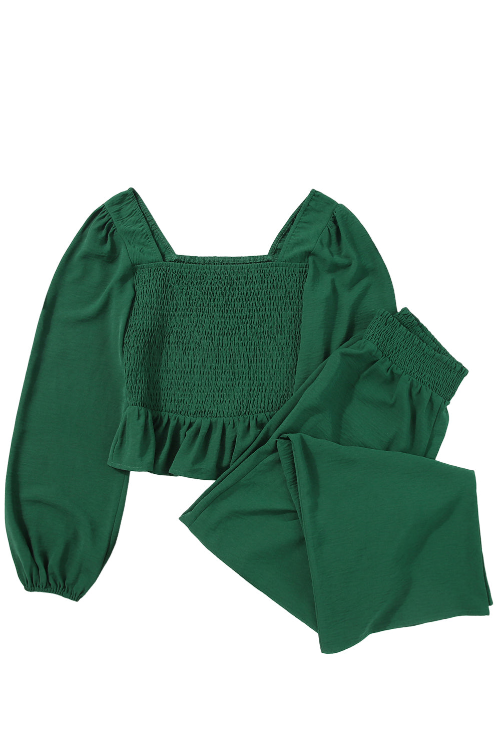 Green Square Neck Smocked Peplum Top and Pants Set Pant Sets JT's Designer Fashion