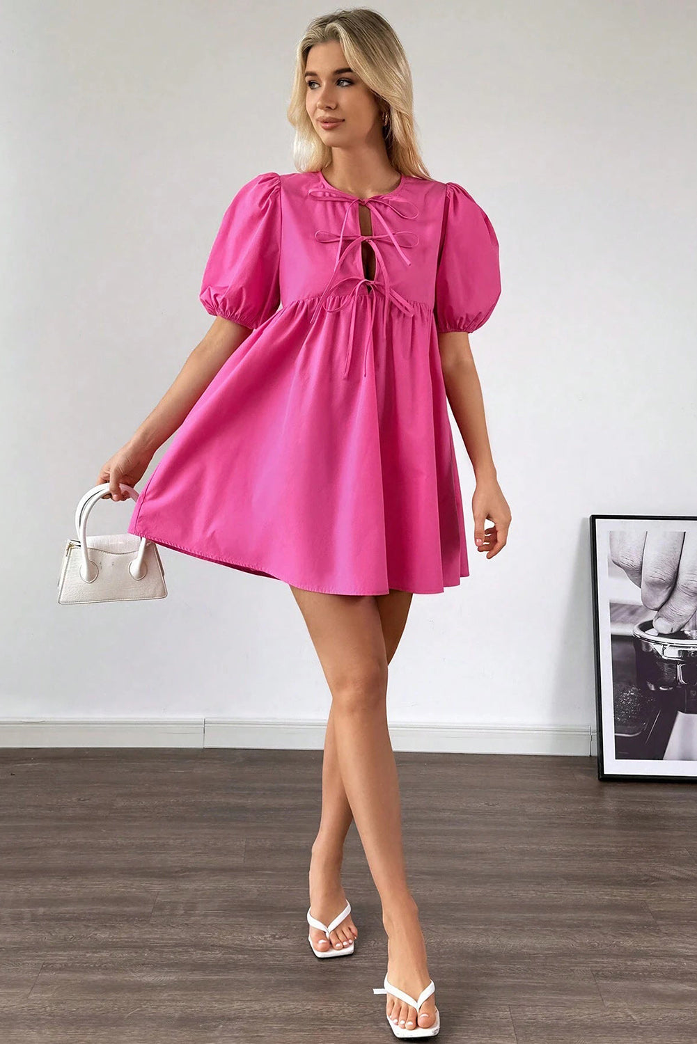 Bright Pink Solid Color Puff Sleeve Tie Front High Waist Mini Dress Mini Dresses JT's Designer Fashion