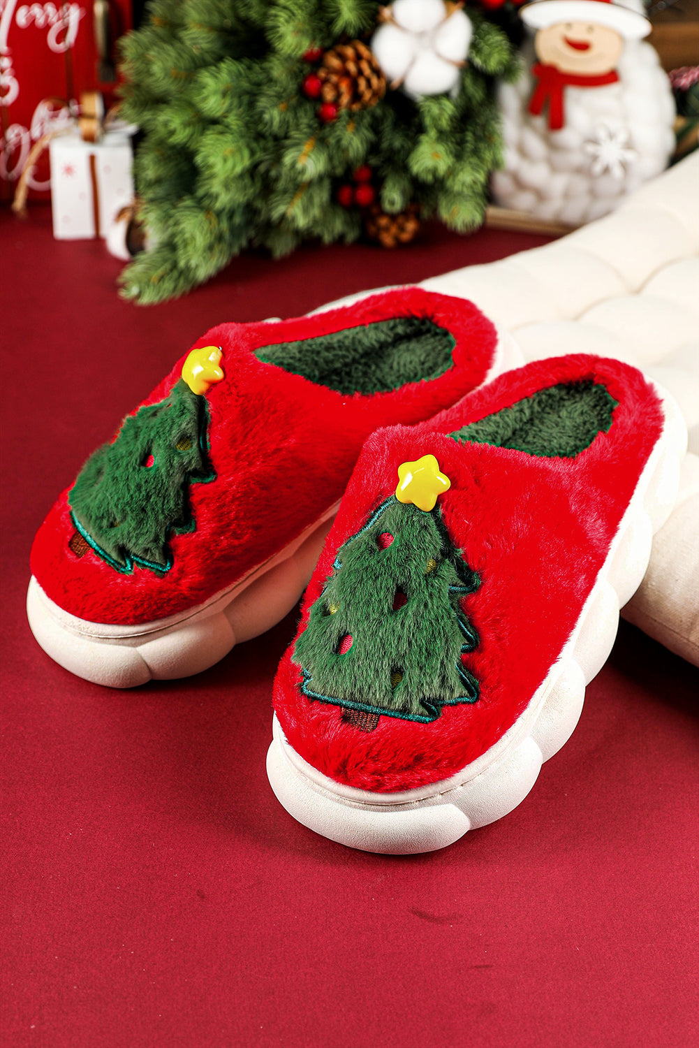 Fiery Red Christmas Tree Graphic Thick Sole Plush Slippers Slippers JT's Designer Fashion