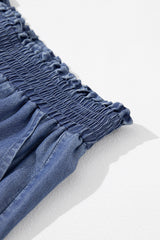 Sky Blue Side Pockets Frilled Smocked High Waist Wide Leg Jeans Bottoms JT's Designer Fashion