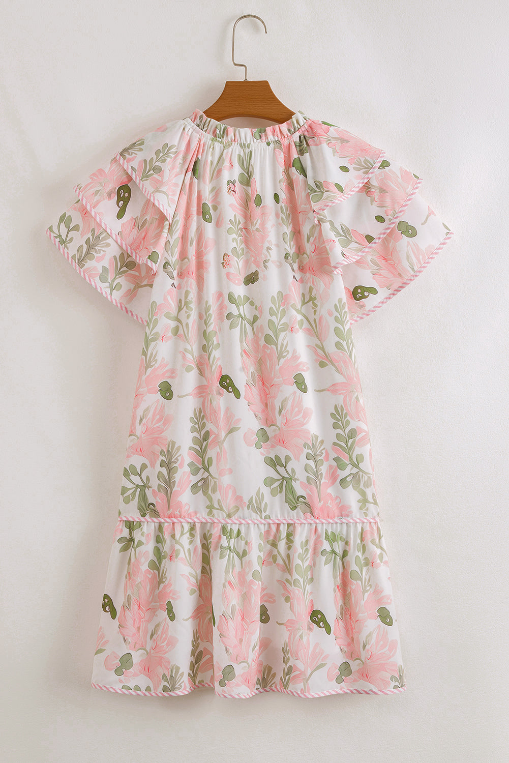 Pink Floral Contrast Edge Layered Short Sleeve Mini Dress Floral Dresses JT's Designer Fashion