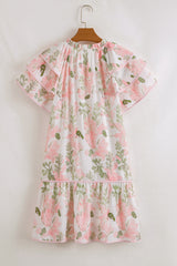 Pink Floral Contrast Edge Layered Short Sleeve Mini Dress Floral Dresses JT's Designer Fashion