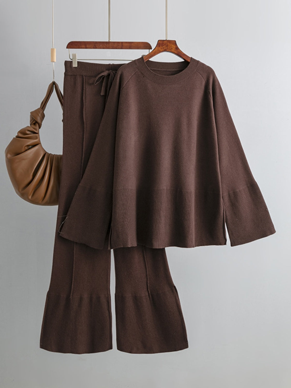 Slit Round Neck Long Sleeve Top and Drawstring Pants Sweater Set Pants Sets JT's Designer Fashion