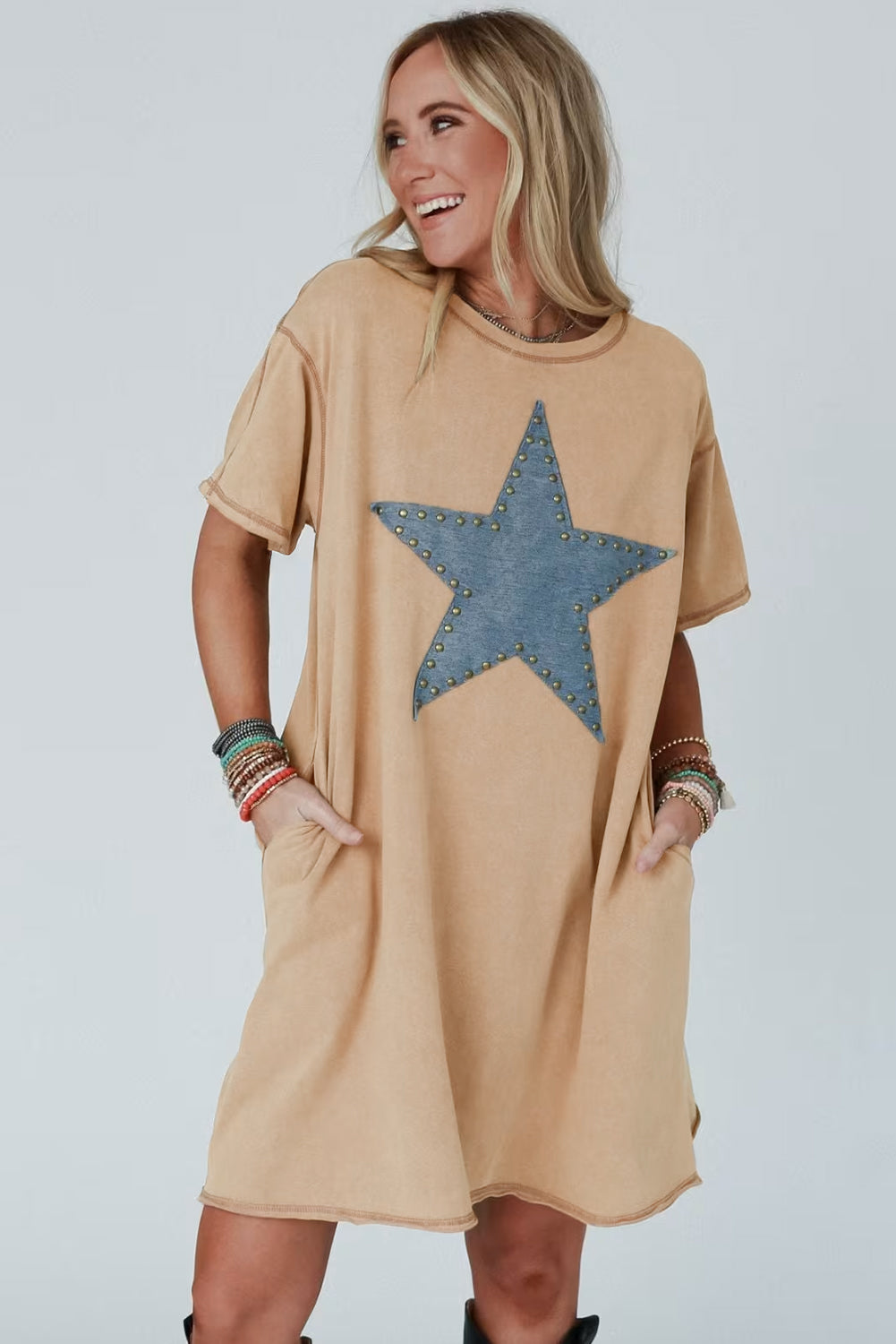 Pale Khaki Mineral Wash Stud Beaded Star Graphic Pocketed T Shirt Dress T Shirt Dresses JT's Designer Fashion
