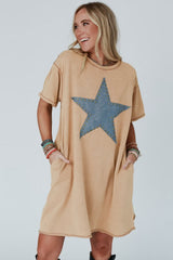 Pale Khaki Mineral Wash Stud Beaded Star Graphic Pocketed T Shirt Dress T Shirt Dresses JT's Designer Fashion