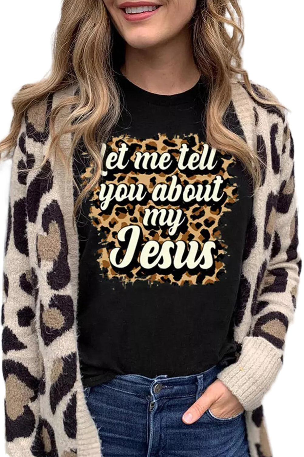 Black Let Me Tell You About My Jesus Leopard Graphic Tee Graphic Tees JT's Designer Fashion