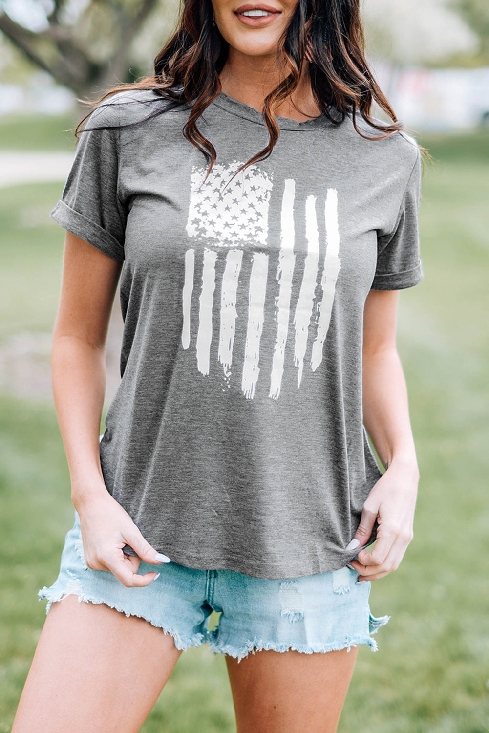 Gray America Flag Print Crewneck T-shirt Gray Graphic Tees JT's Designer Fashion