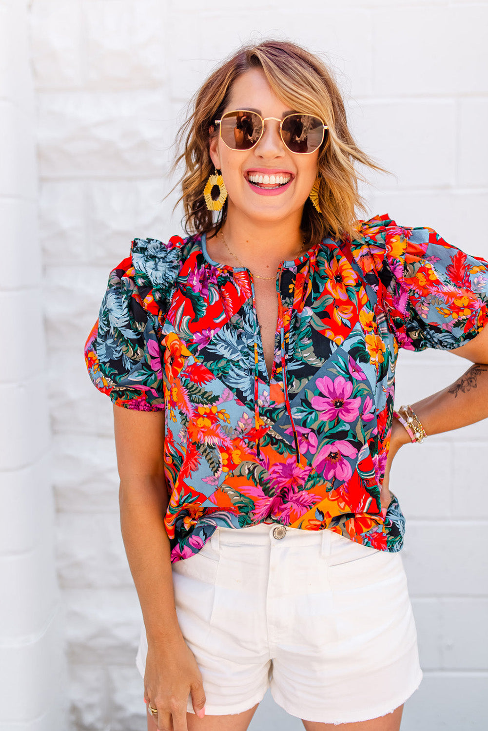 Multicolour Floral Print Ruffle Trim Bubble Sleeve Split Neck Blouse Blouses & Shirts JT's Designer Fashion