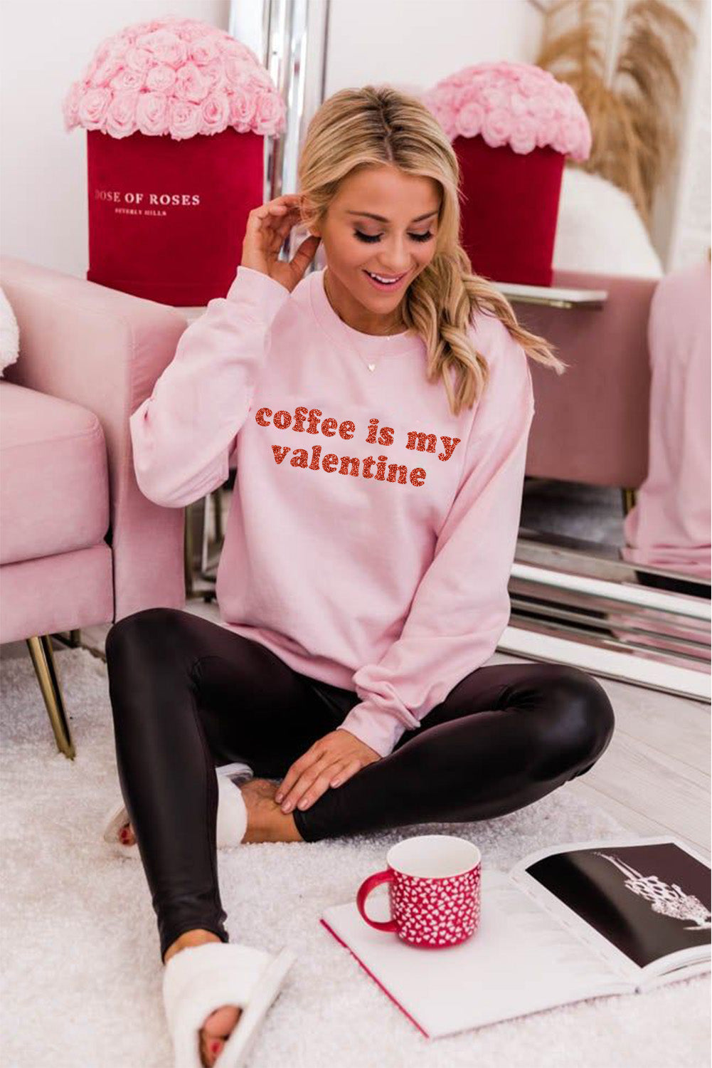 Pink Sequined Coffee is my Valentine Graphic Pullover Sweatshirt Graphic Sweatshirts JT's Designer Fashion