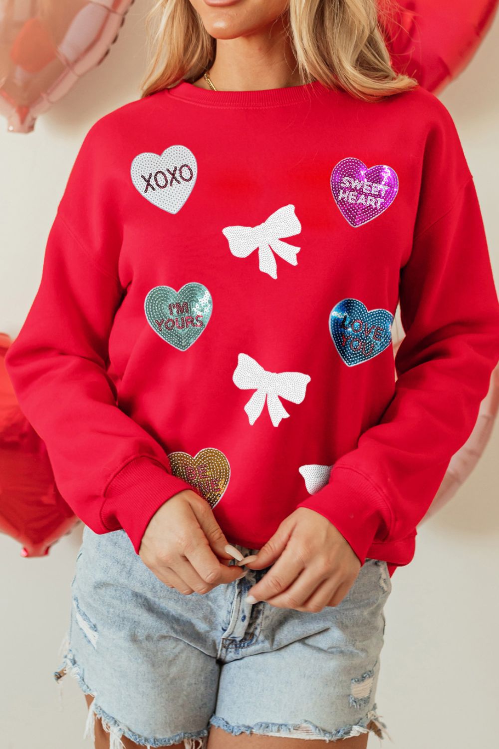 Valentine’s Day Sequin Bow Heart Round Neck Sweatshirt Long Sleeve Tops JT's Designer Fashion