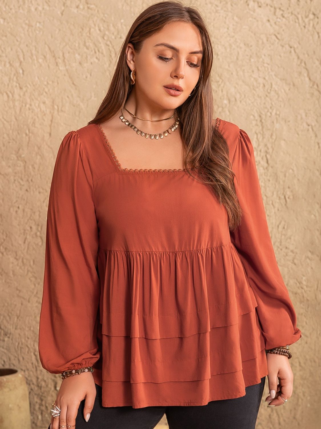 Plus Size Lace Detail Square Neck Long Sleeve Blouse Blouses & Shirts JT's Designer Fashion