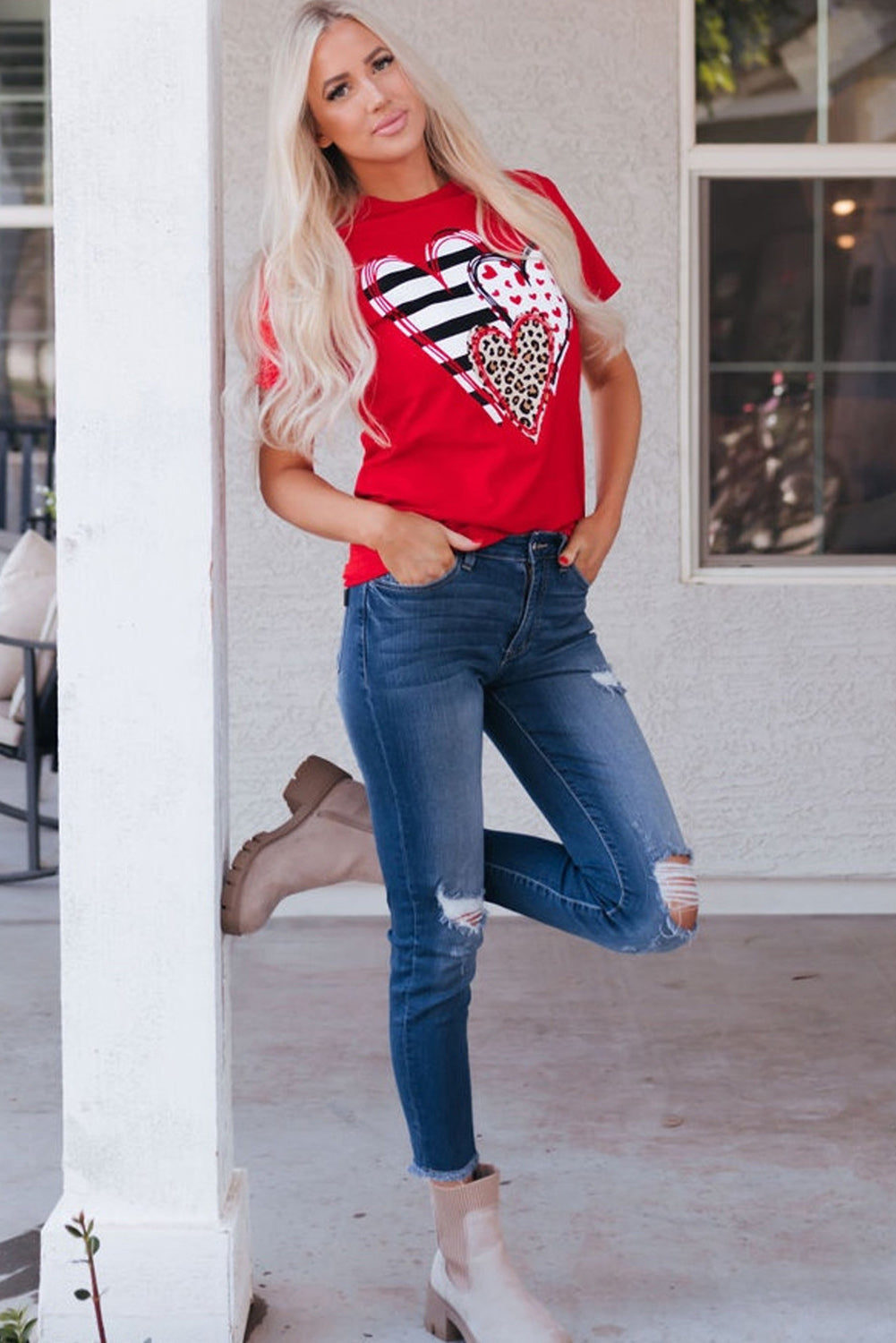 Red Leopard Striped Heart Shaped Print Crew Neck T Shirt Graphic Tees JT's Designer Fashion