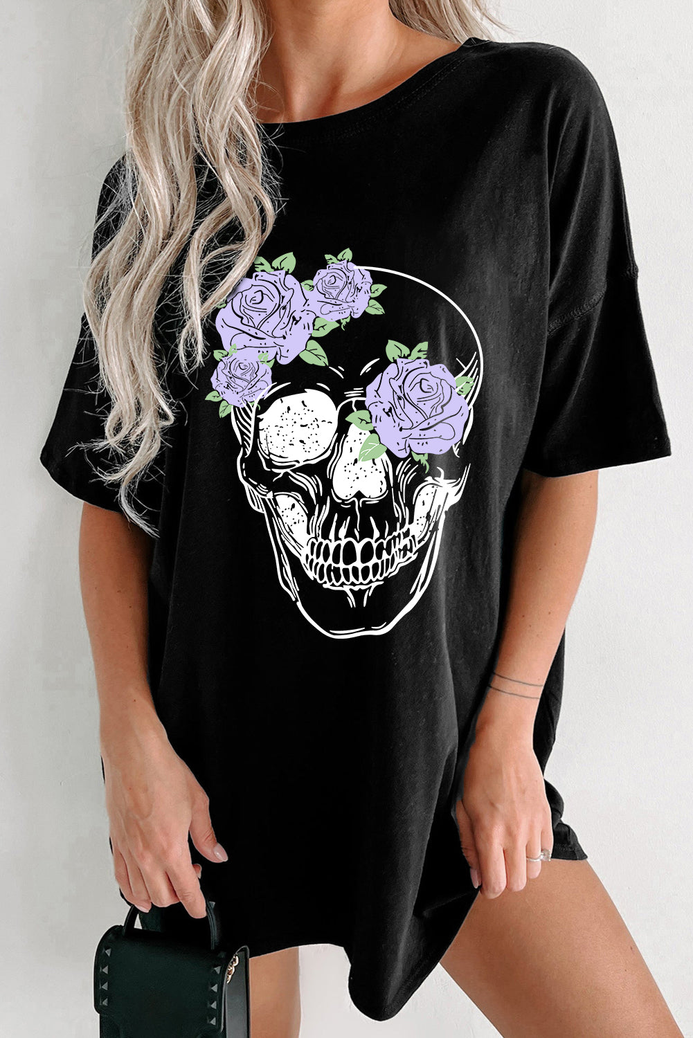 Black Floral Skull Graphic Halloween Tunic T Shirt Graphic Tees JT's Designer Fashion