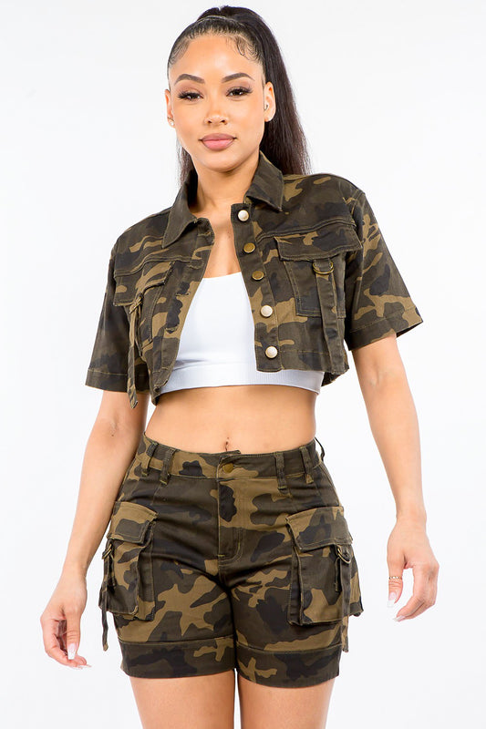 Full Size Camouflage Short Sleeve Cropped Jacket Olive Camo Coats & Jackets JT's Designer Fashion