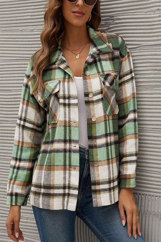 Plaid Collared Neck Long Sleeve Jacket Green Long Sleeve Tops JT's Designer Fashion