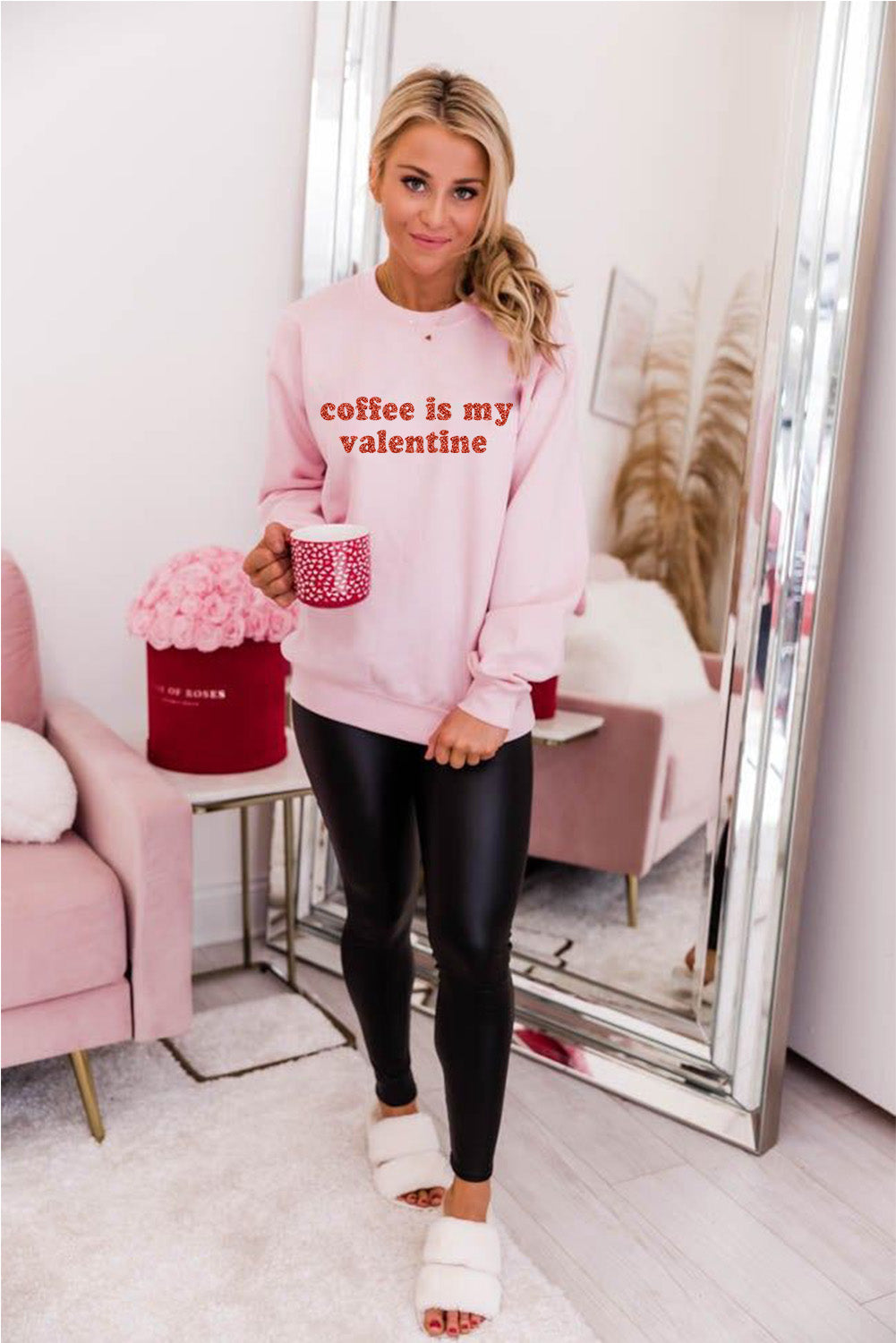 Pink Sequined Coffee is my Valentine Graphic Pullover Sweatshirt Graphic Sweatshirts JT's Designer Fashion