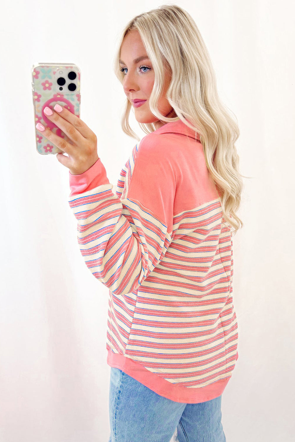 Pink Stripe Buttoned V Neck Collared Drop Shoulder Top Long Sleeve Tops JT's Designer Fashion