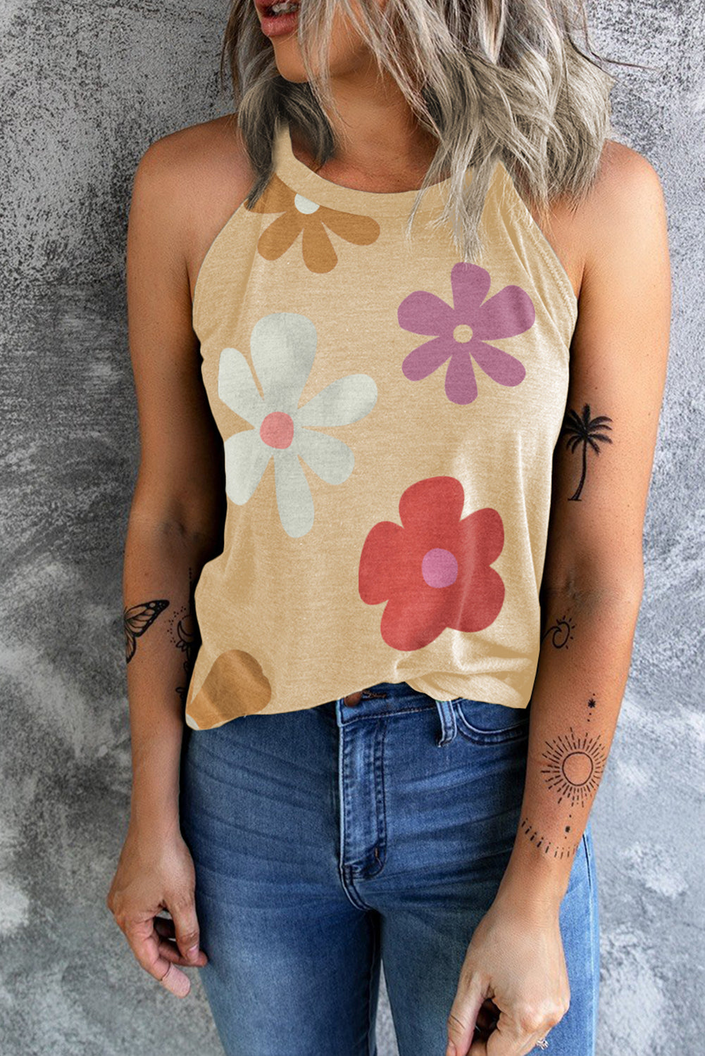 Khaki Flower Print Loose Fit O Neck Tank Top Tops & Tees JT's Designer Fashion