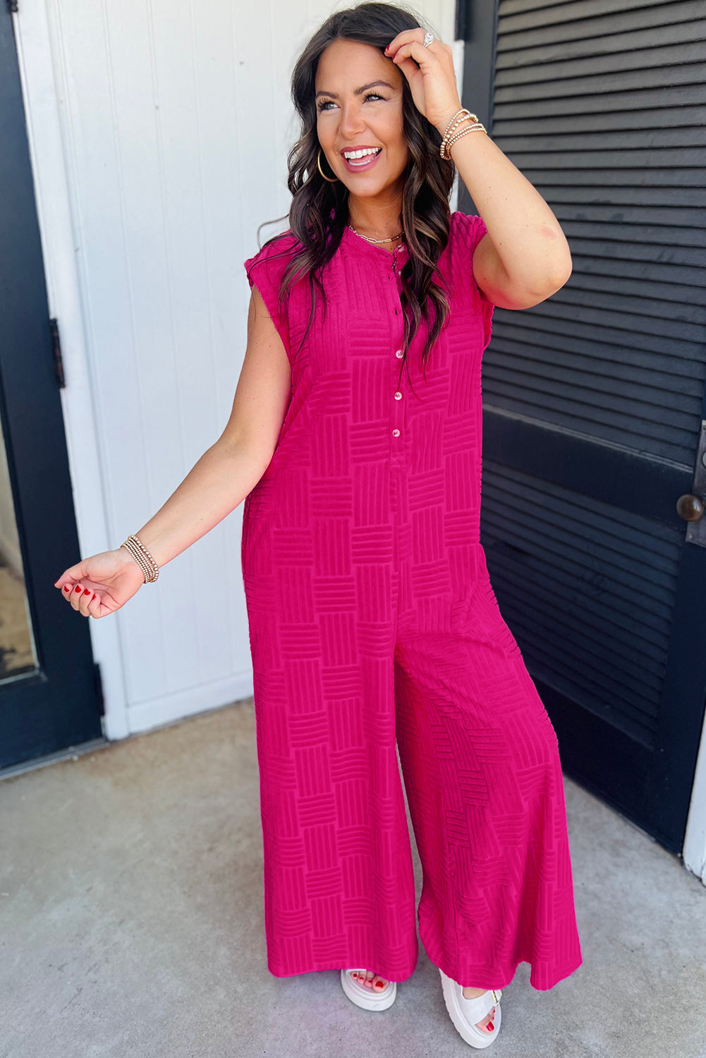 Bright Pink Terry Textured Sleeveless Button Front Wide Leg Jumpsuit Jumpsuits & Rompers JT's Designer Fashion