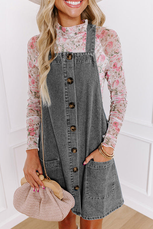 Medium Grey Wide Strap Button Front Pocketed Denim Mini Dress Mini Dresses JT's Designer Fashion