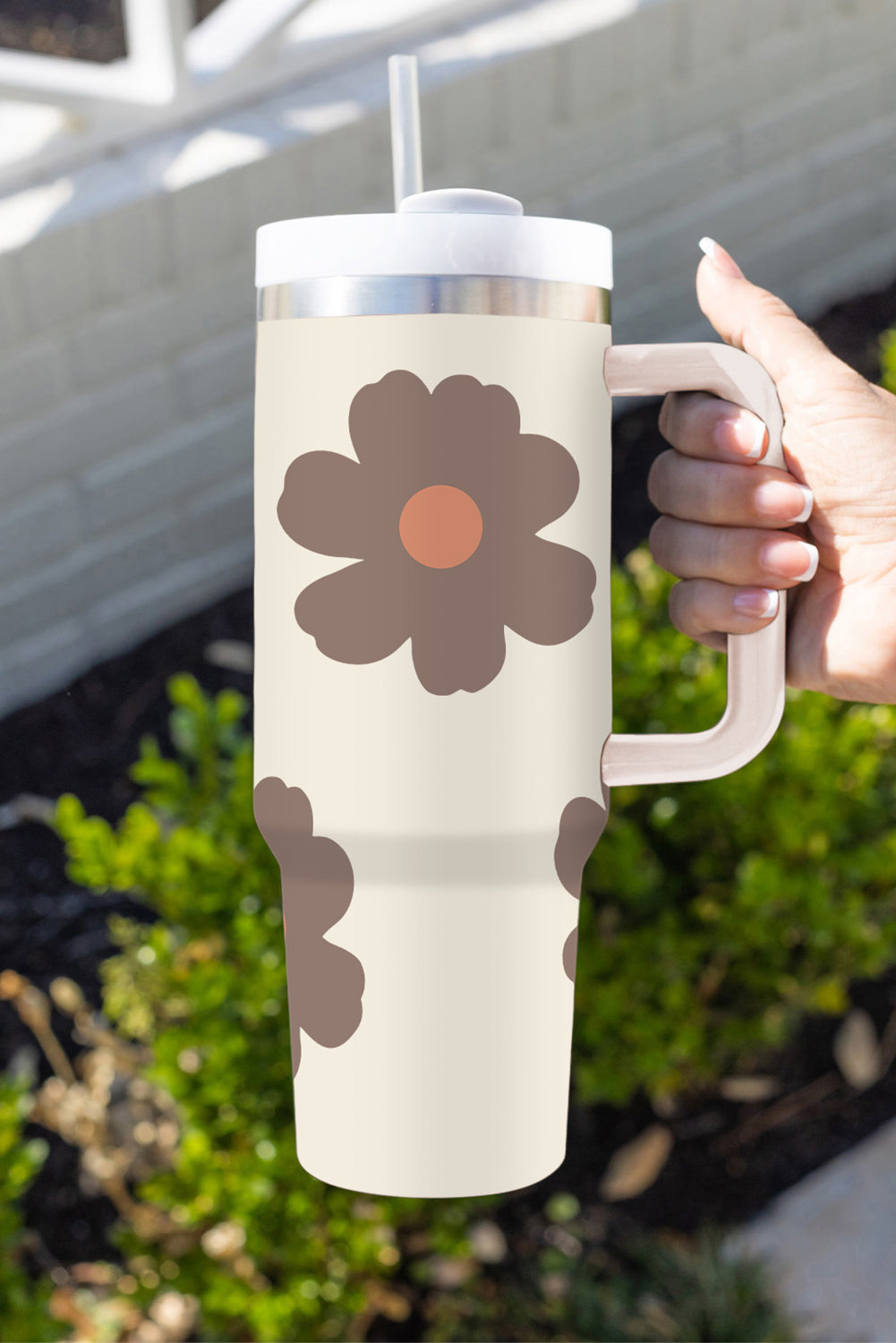 Light French Beige Flower Print Handle Stainless Vacuum 1200ml Tumblers JT's Designer Fashion