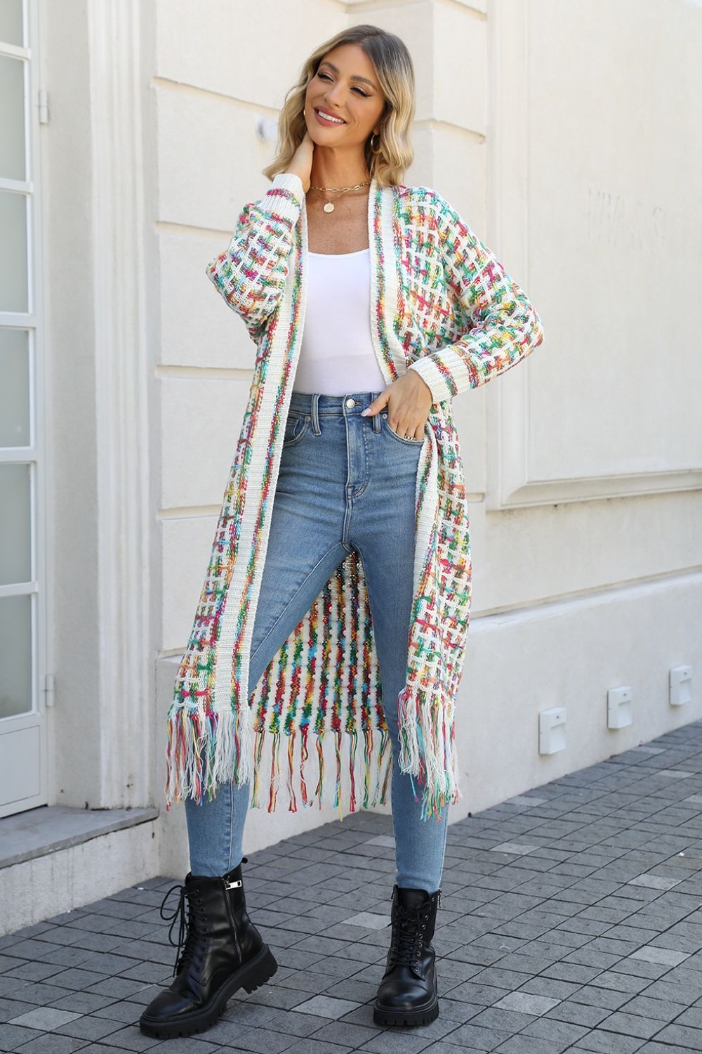 Multicolored Open Front Fringe Hem Cardigan Mid Green Sweaters & Cardigans JT's Designer Fashion