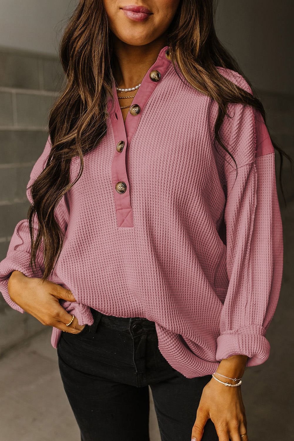 Pink Waffle Long Sleeve Collar Half Button Loose Top Long Sleeve Tops JT's Designer Fashion