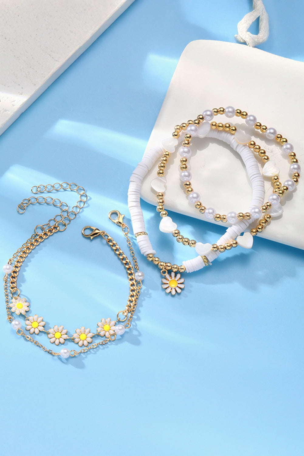 White Daisy Heart Pearl Beaded Multi Layer Bracelet Set Jewelry JT's Designer Fashion