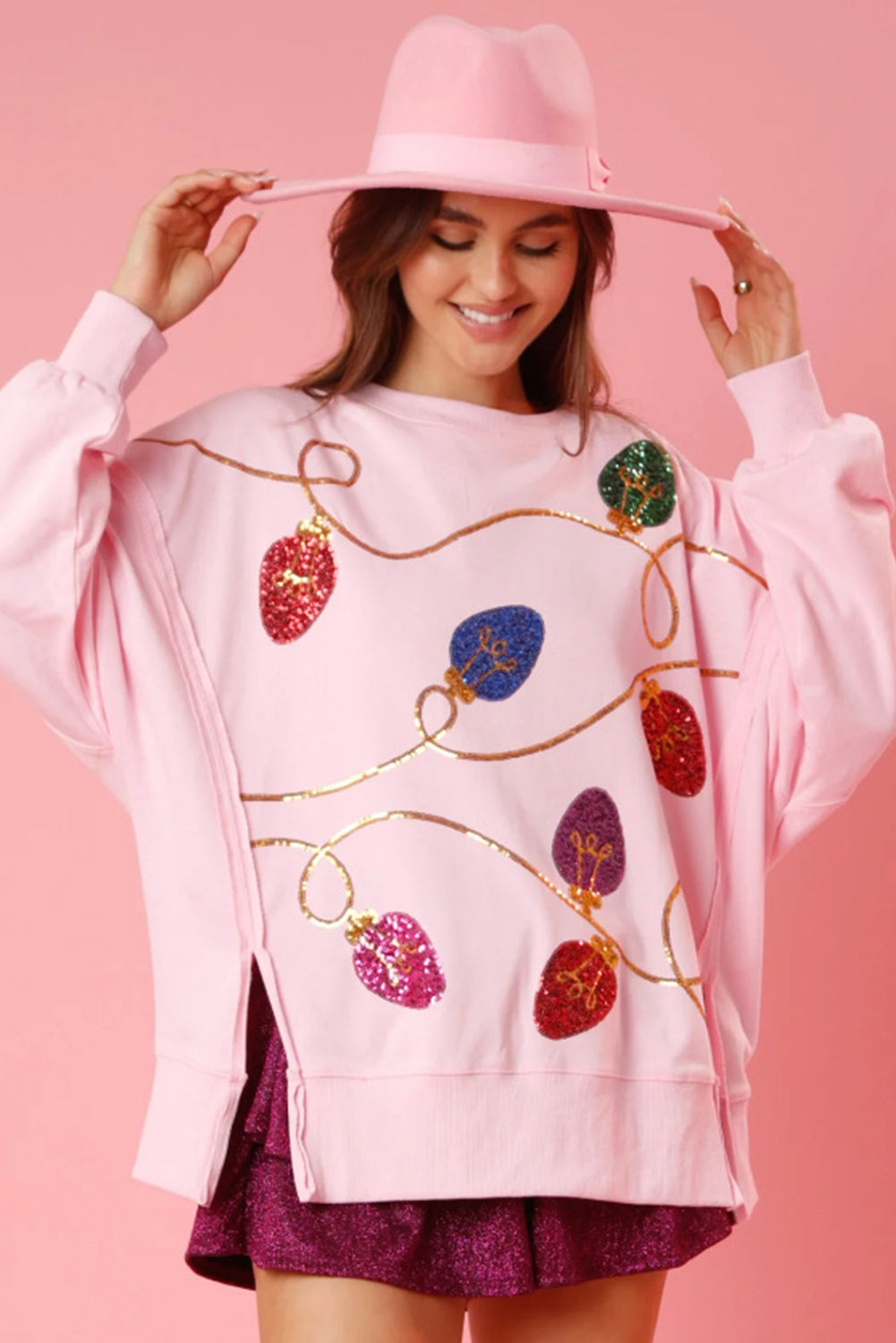 Pink Bright Christmas Lights Sequined Oversized Sweatshirt Sweatshirts & Hoodies JT's Designer Fashion