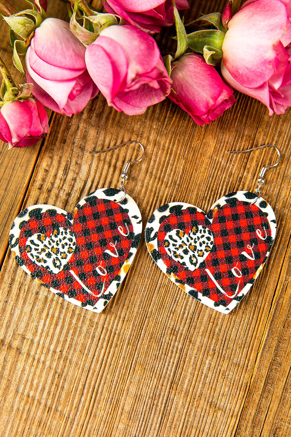 Buffalo Plaid Leopard Print Heart Shape Earrings Jewelry JT's Designer Fashion