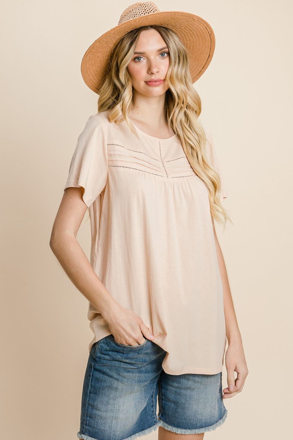 Cotton Bleu by Nu Label Eyelet Round Neck Short Sleeve T-Shirt Peach Blouses & Shirts JT's Designer Fashion