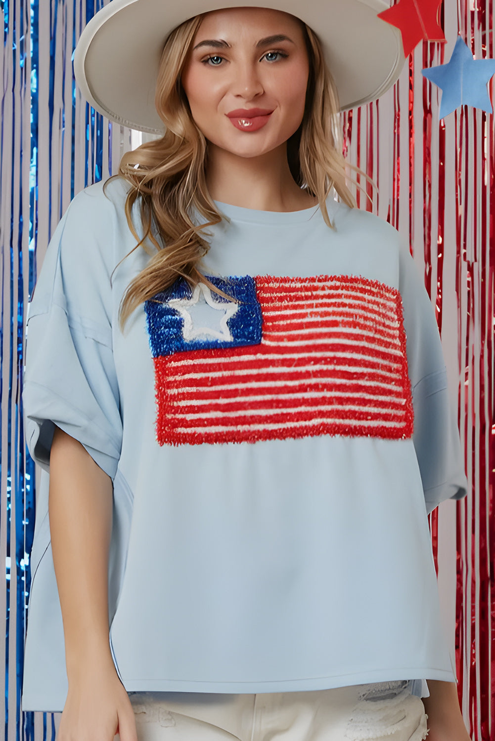 Beau Blue Tinsel American Flag Embroidered Oversize T-shirt Tops & Tees JT's Designer Fashion