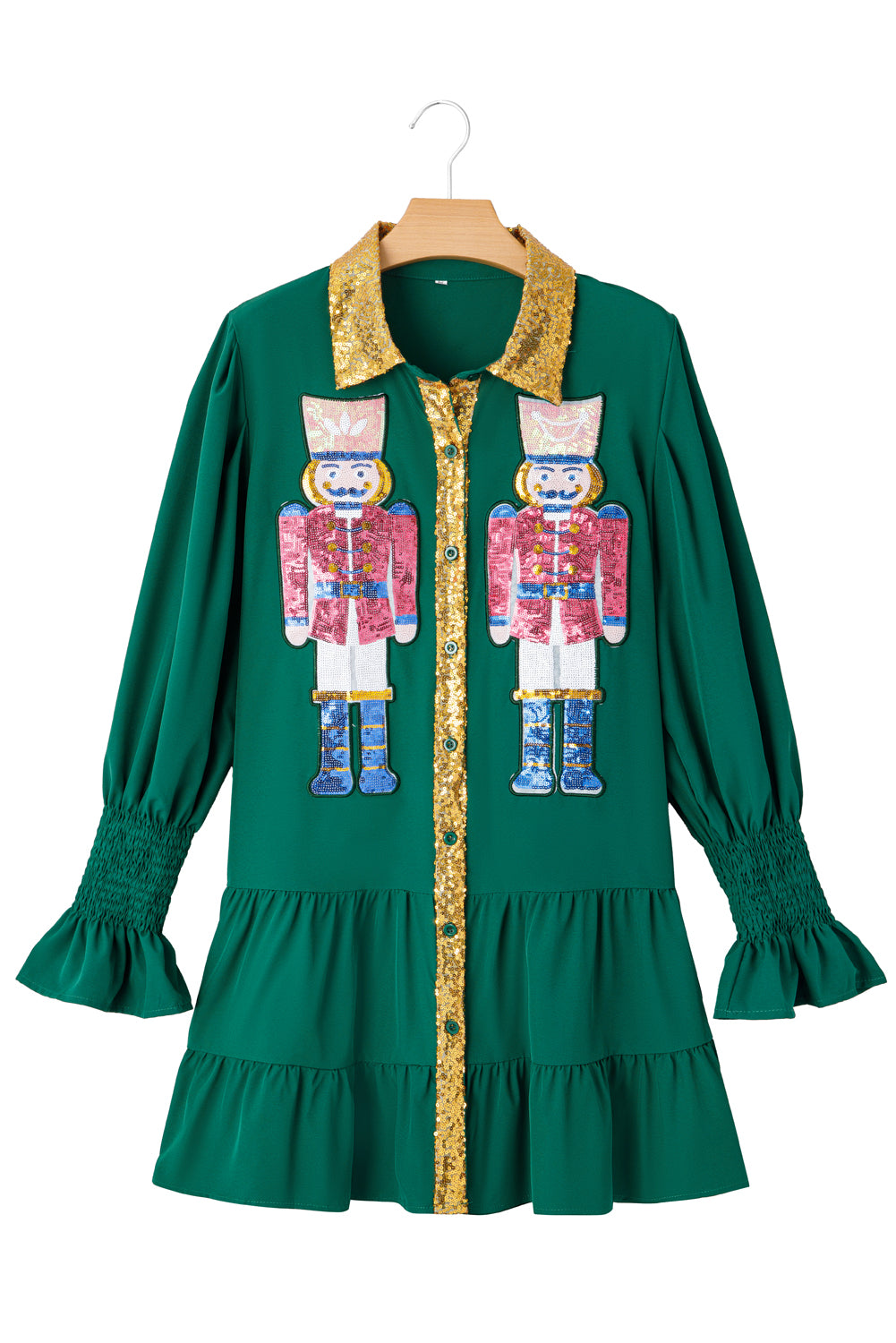 Evergreen Christmas Sequin Nutcracker Collared Shirt Ruffled Long Sleeve Mini Dress Mini Dresses JT's Designer Fashion