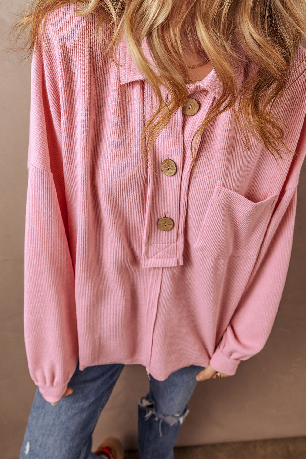 Pink Ribbed Knit Collared Henley Top with Chest Pocket Blouses & Shirts JT's Designer Fashion