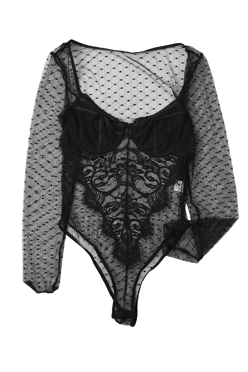 Black Long Sleeve Mesh Lace Bralette Bodysuit Bodysuits JT's Designer Fashion